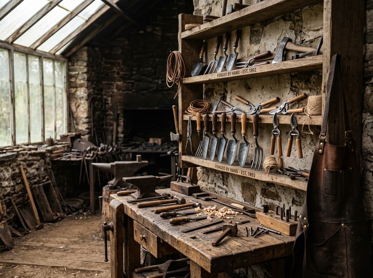 Garden tools hanging neatly in a potting shed
