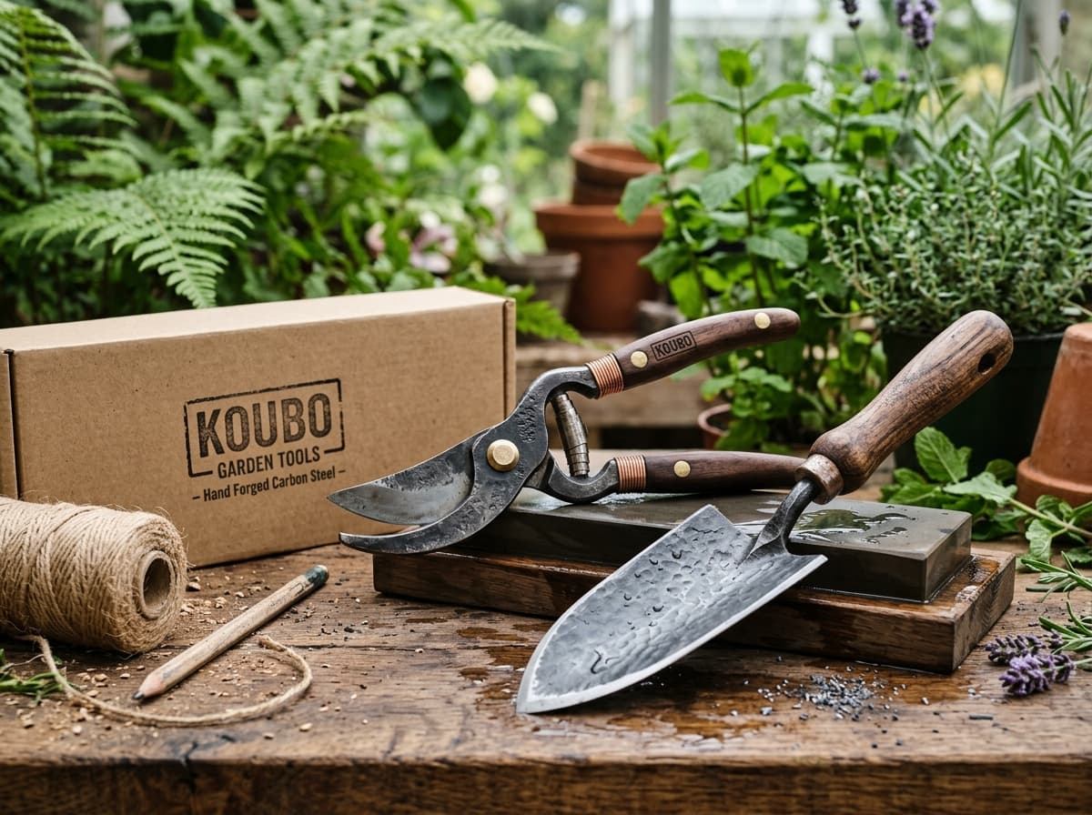 Trowel and pruners on a wooden table with herbs and seed packets