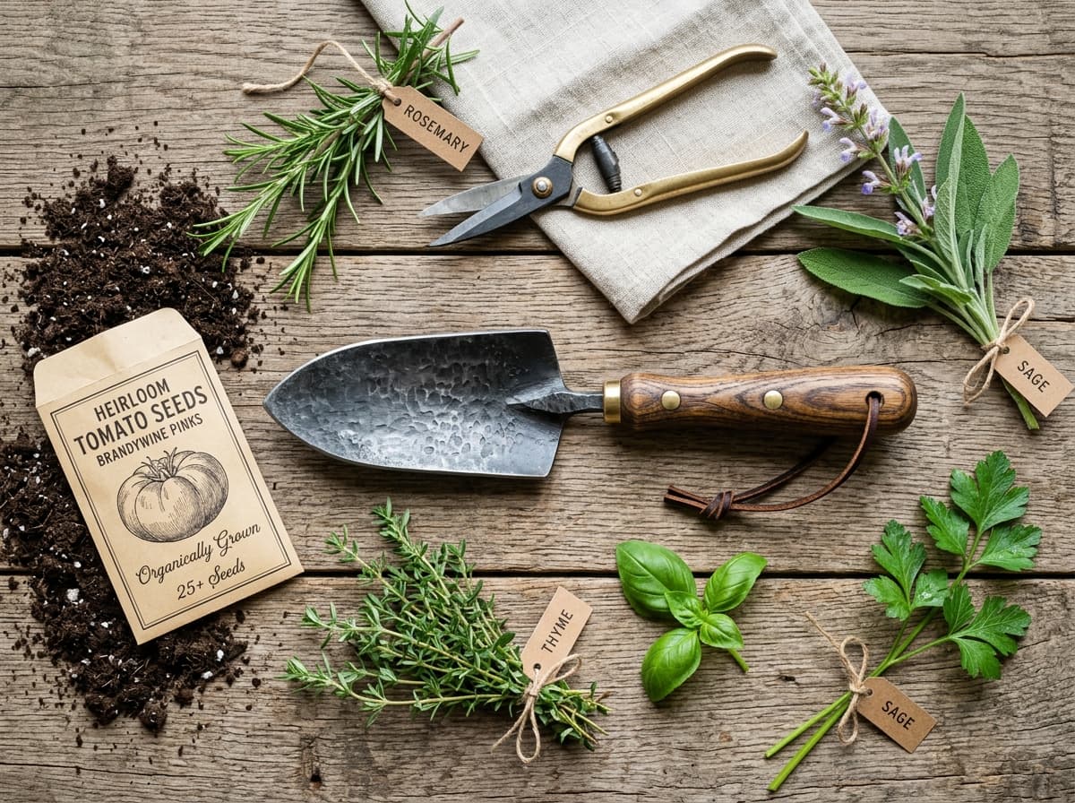 Pruners and trowel on a potting bench