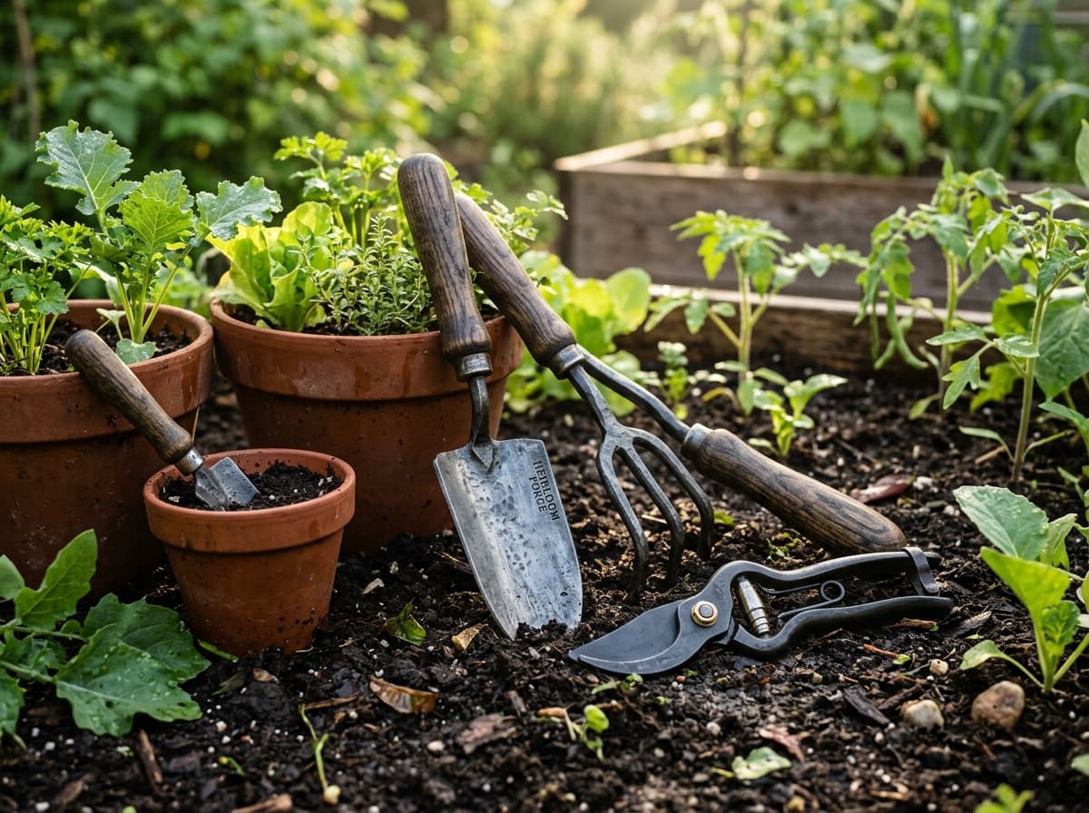 Garden trowel, fork and pruners resting in a planted vegetable bed